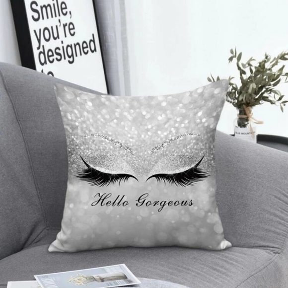(3x) Pillowcase Eyelash print cushion without filler. Pink, champagne, & gray. - Picture 3 of 3